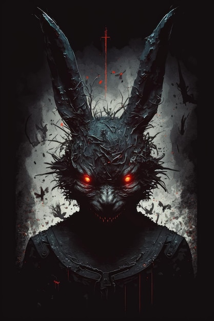 A poster for a dark bunny with red eyes and a black rabbit on the front.