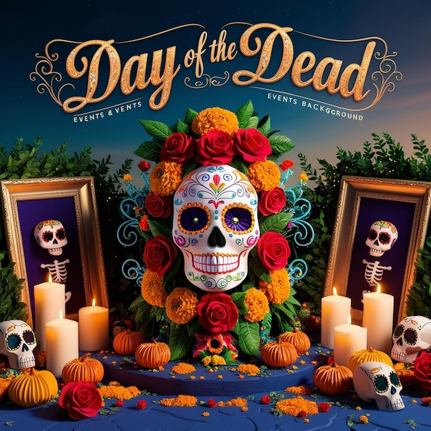 Photo a poster for the day of the dead with candles and flowers