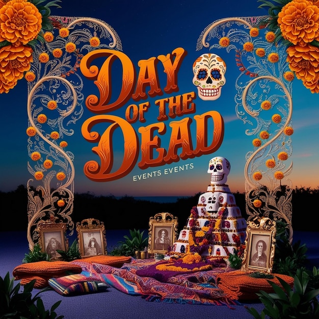 Photo poster for day of the dead with skulls and flowers