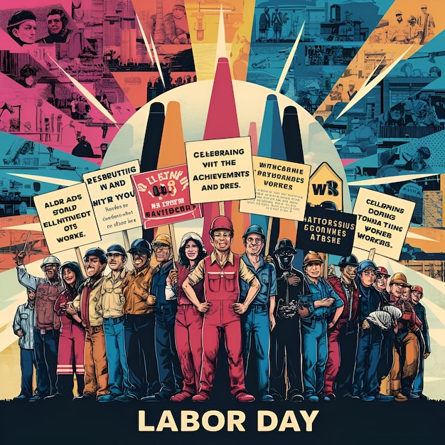 a poster for the day of labor day with a group of people