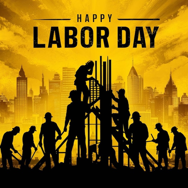 a poster for the day of labor day with a silhouette of men and women