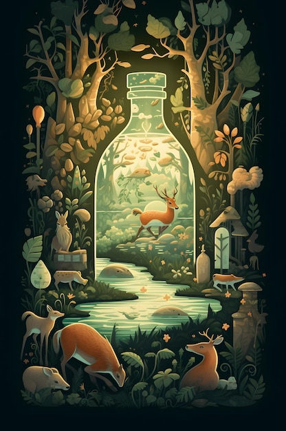 A poster of a deer in a bottle with a forest in the background.