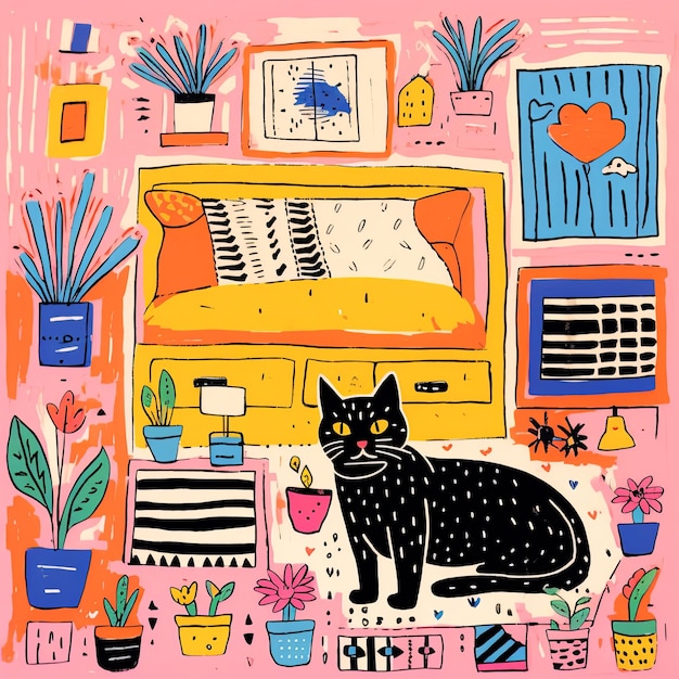 Photo poster depicting a bedroom with cat on the bed