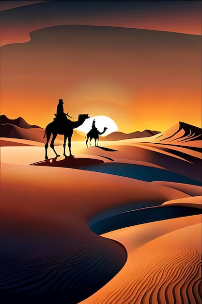 A poster for the desert with a man on a camel.