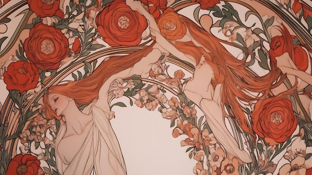 Photo poster design inspired by alphonse mucha stylized figures and floral elements