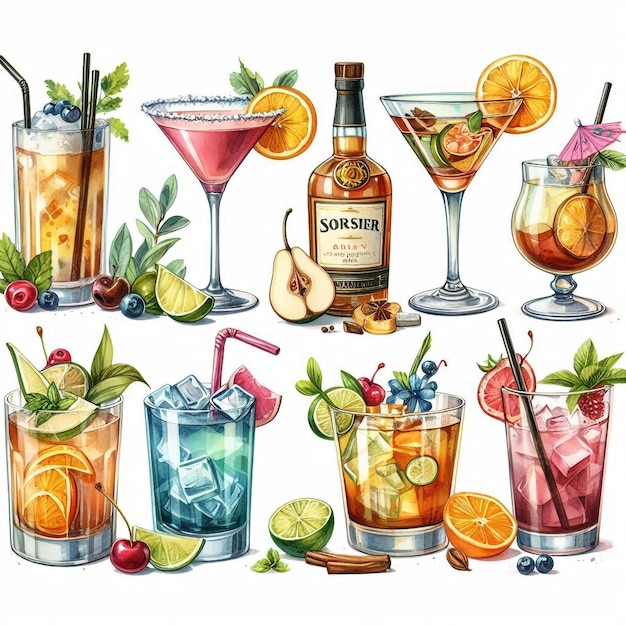 a poster of different drinks including a bottle of liquor