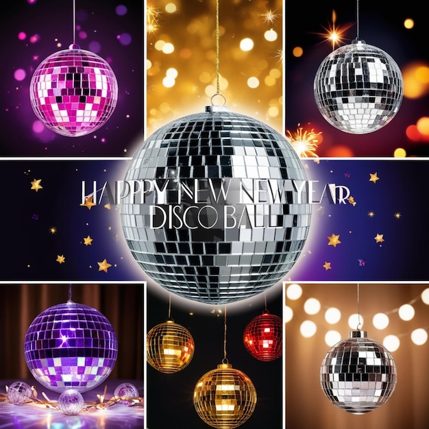 a poster of disco ball with a disco ball and fireworks behind it