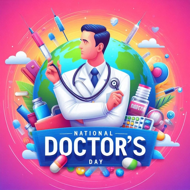 a poster for doctor days day with a pink background with a man holding a syringe