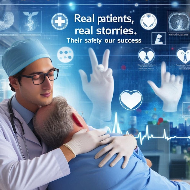 a poster for a doctor and his patient with the words  real stories  on the screen