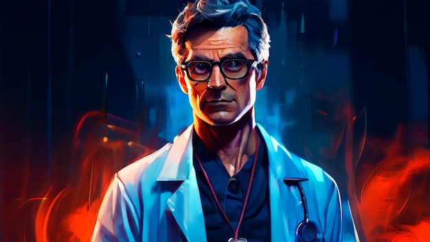 a poster of a doctor with glasses and a blue coat