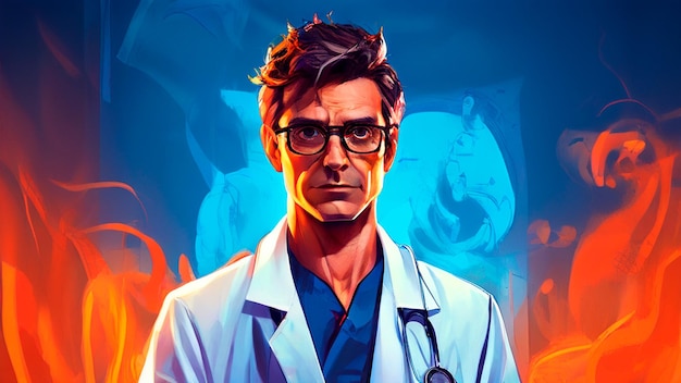 a poster of a doctor with glasses and a lab coat