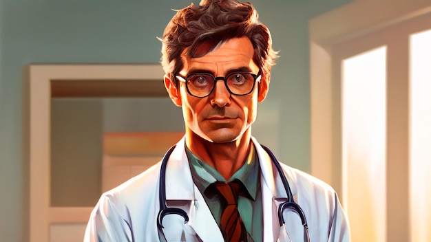 a poster of a doctor with glasses and a lab coat