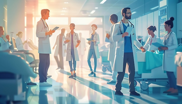 a poster of doctors and nurses in a hospital