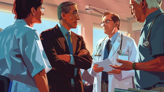 Photo a poster of doctors and nurses talking with one of them saying  medical