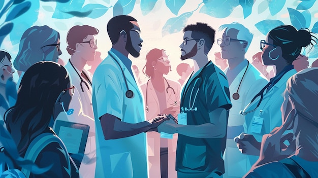 Photo a poster of doctors shaking hands with a man in a hospital