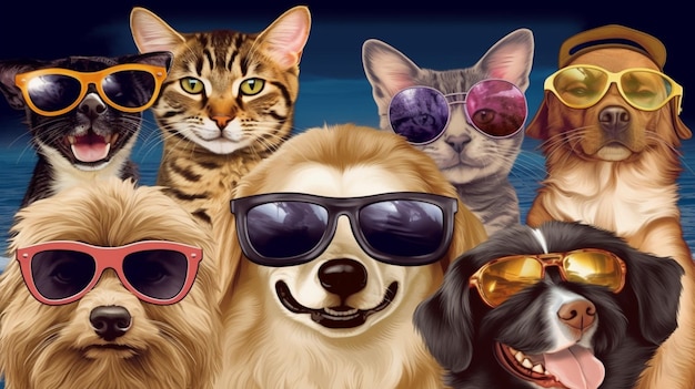 A poster for the dog club shows a group of dogs wearing sunglasses and a cat wearing sunglasses.