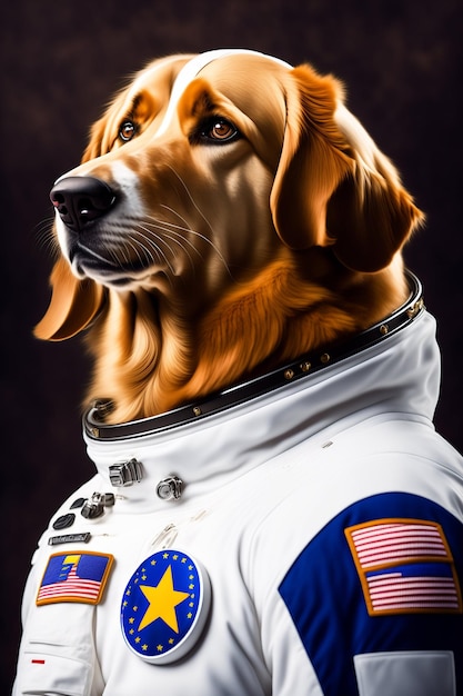 A poster of a dog wearing a space suit.