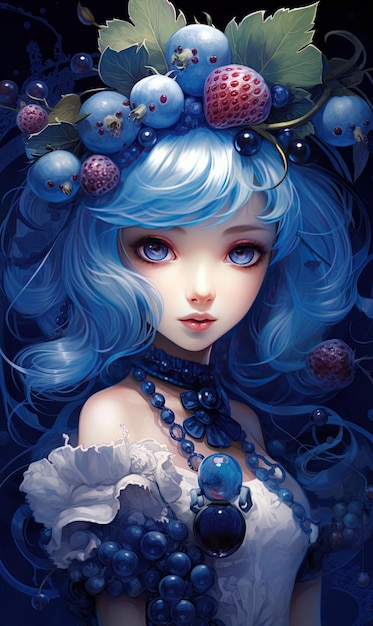 a poster for a doll called a girl with blue hair and flowers