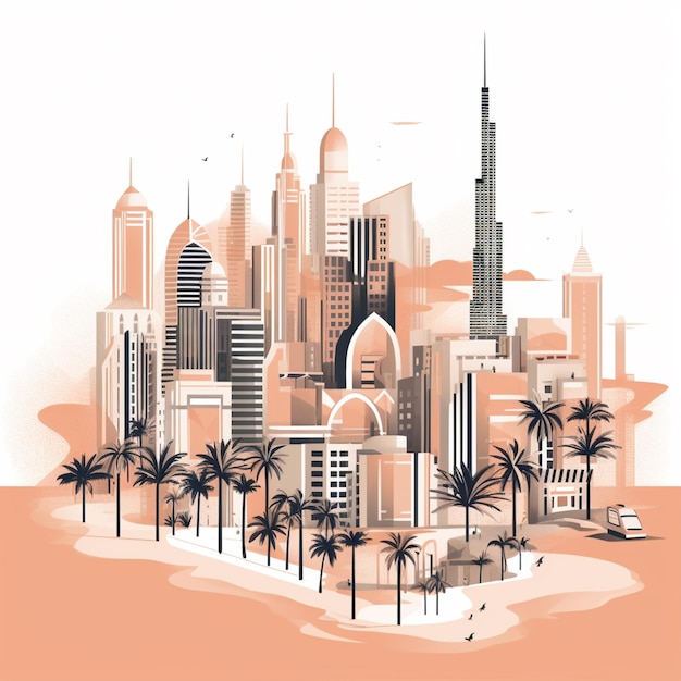 A poster for dubai showing a city with palm trees and a building with a sign that says dubai.