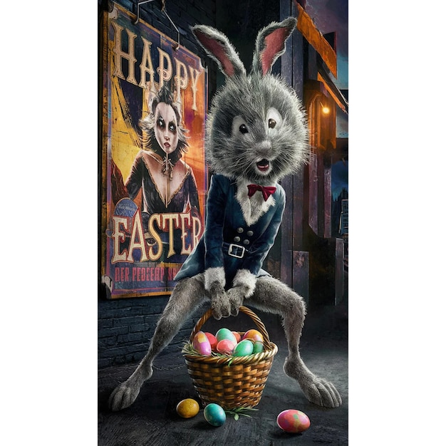 Photo a poster for easter eggs with a rabbit in a blue outfit