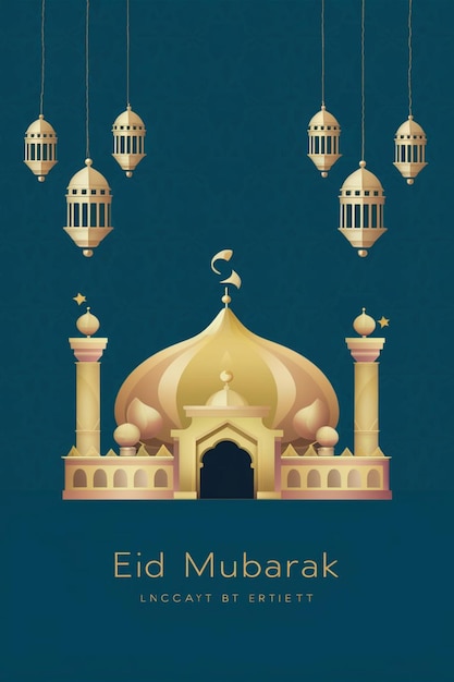 A poster for eid al adha mubarak with a arabic mosque with a blue background