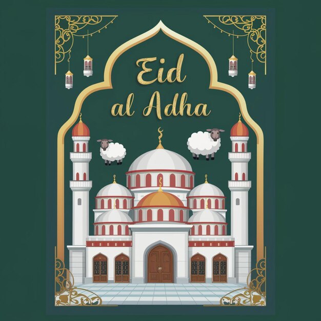 A poster for eid al adha mubarak with a mosque with a green background and a sheep on it