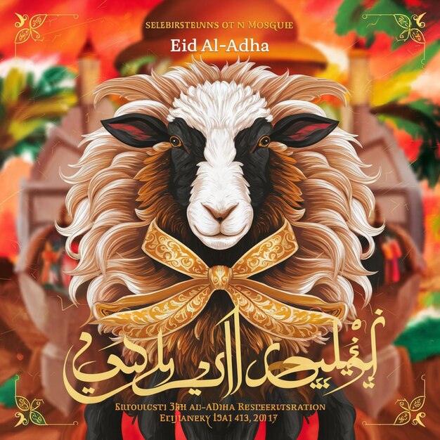 A poster for eid al adha mubarak with a sheep is on a colorful illustration of a mosque