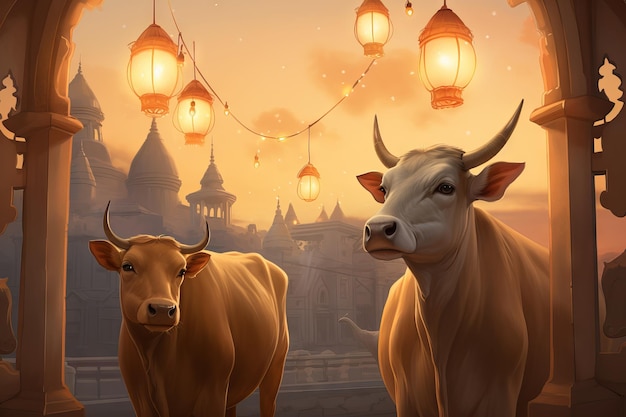 a poster for Eid Al Adha two cows standing with mosque in the background