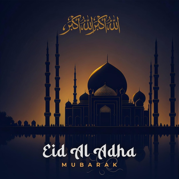 A poster for eid al adha with a mosque in the background.