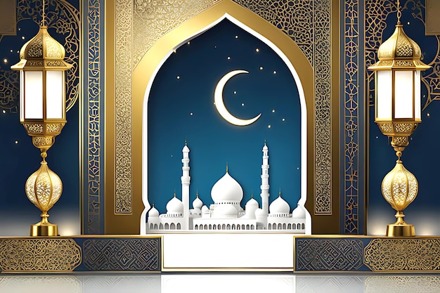 A poster for eid mubarak with a crescent moon and stars