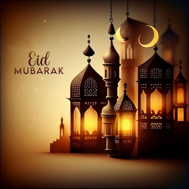 A poster for eid mubarak with a moon and lights