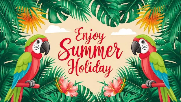 a poster for enjoy summer holidays with palm trees and birds