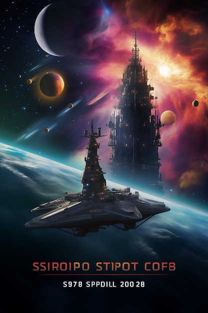 the poster for the event features an battleship in outer spacein the style of hypercolorful dreams