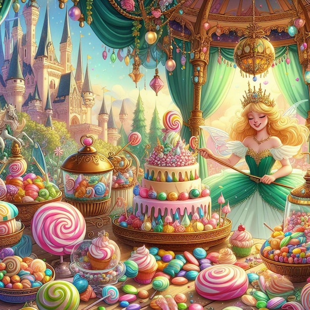 a poster of a fairy tale themed cake with a girl on the top