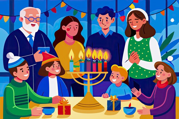 Photo a poster of a family celebrating christmas with a christmas tree and candles