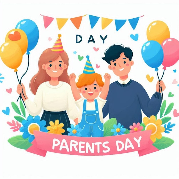 a poster of a family day day day with balloons and a banner that says day day day