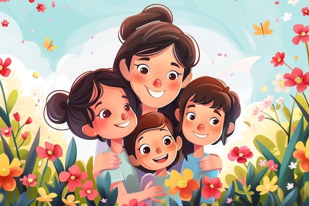 a poster for a family of four with flowers and a girl with a happy face