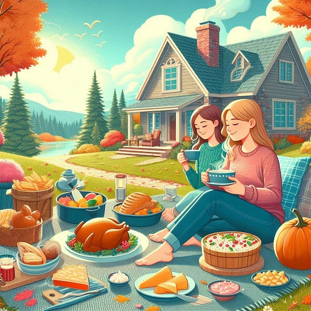 a poster of a family having a picnic with a house in the background