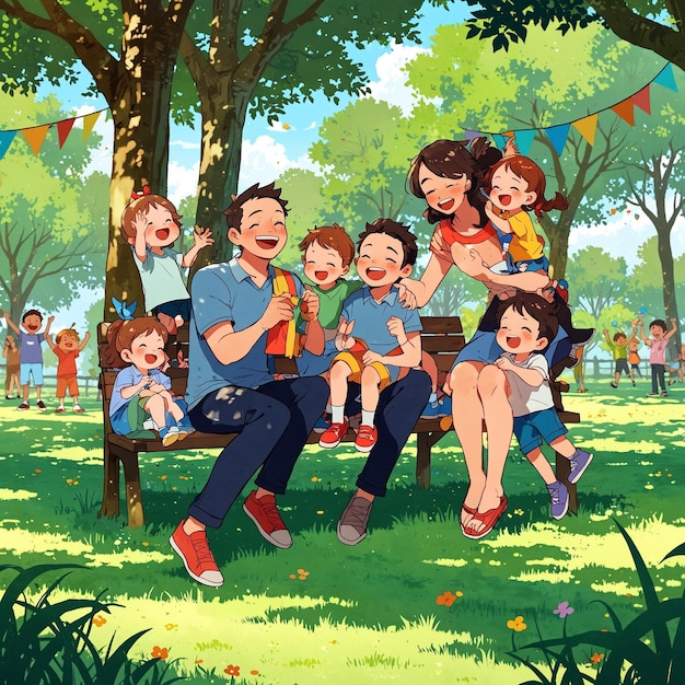 a poster of a family in a park with a man sitting on a bench with other children