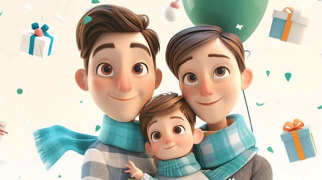 a poster for a family of three people with a green balloon in the background