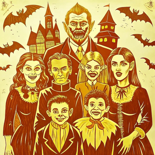 a poster of a family with a castle in the background