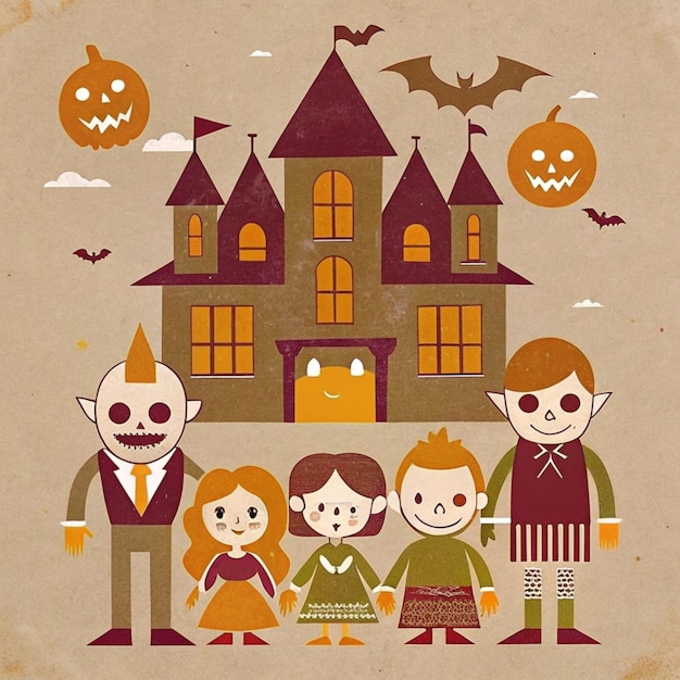 a poster for a family with a house with a pumpkin on it