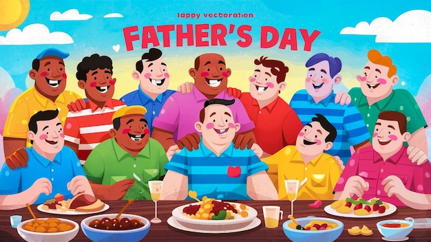 a poster of a family with a man holding a plate of food