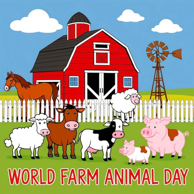 a poster of a farm with a farm animals on it