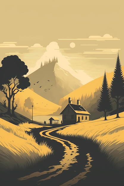 A poster for a farm with a mountain in the background.