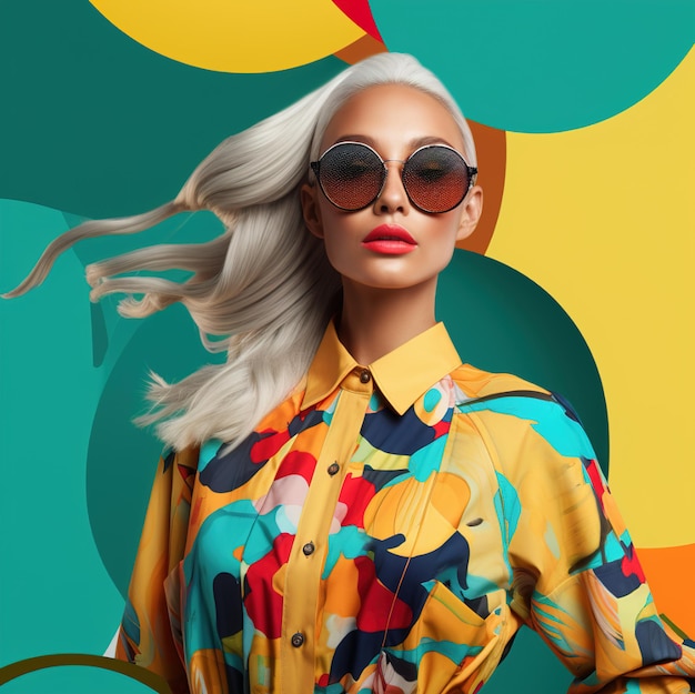 a poster for a fashion show featuring a woman wearing sunglasses and a colorful shirt with a yellow and blue print.