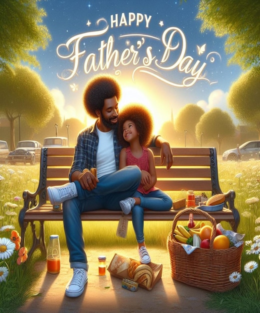 a poster for a father and daughter with a picnic basket in the background