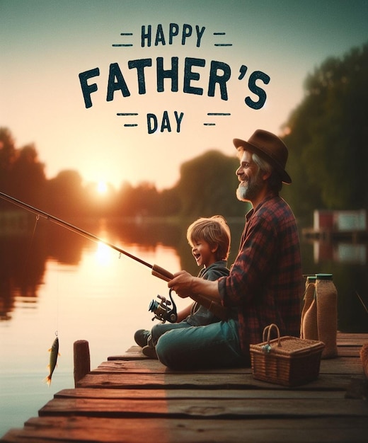 a poster for a father and son fishing with a sunset background