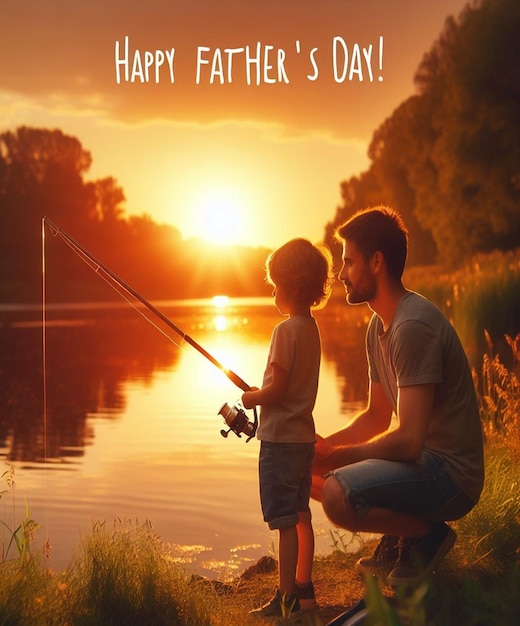 a poster for a father and son fishing with a sunset background