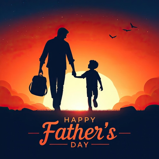 A poster for a father and son holding hands in a field with the sun behind them Fathers day